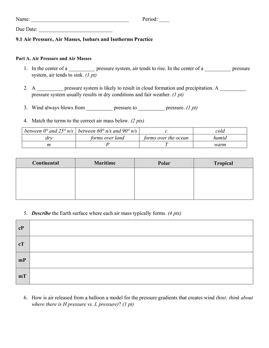 9.1 Air Pressure, Air Masses, Isobars and Isotherms Practice - Page 1