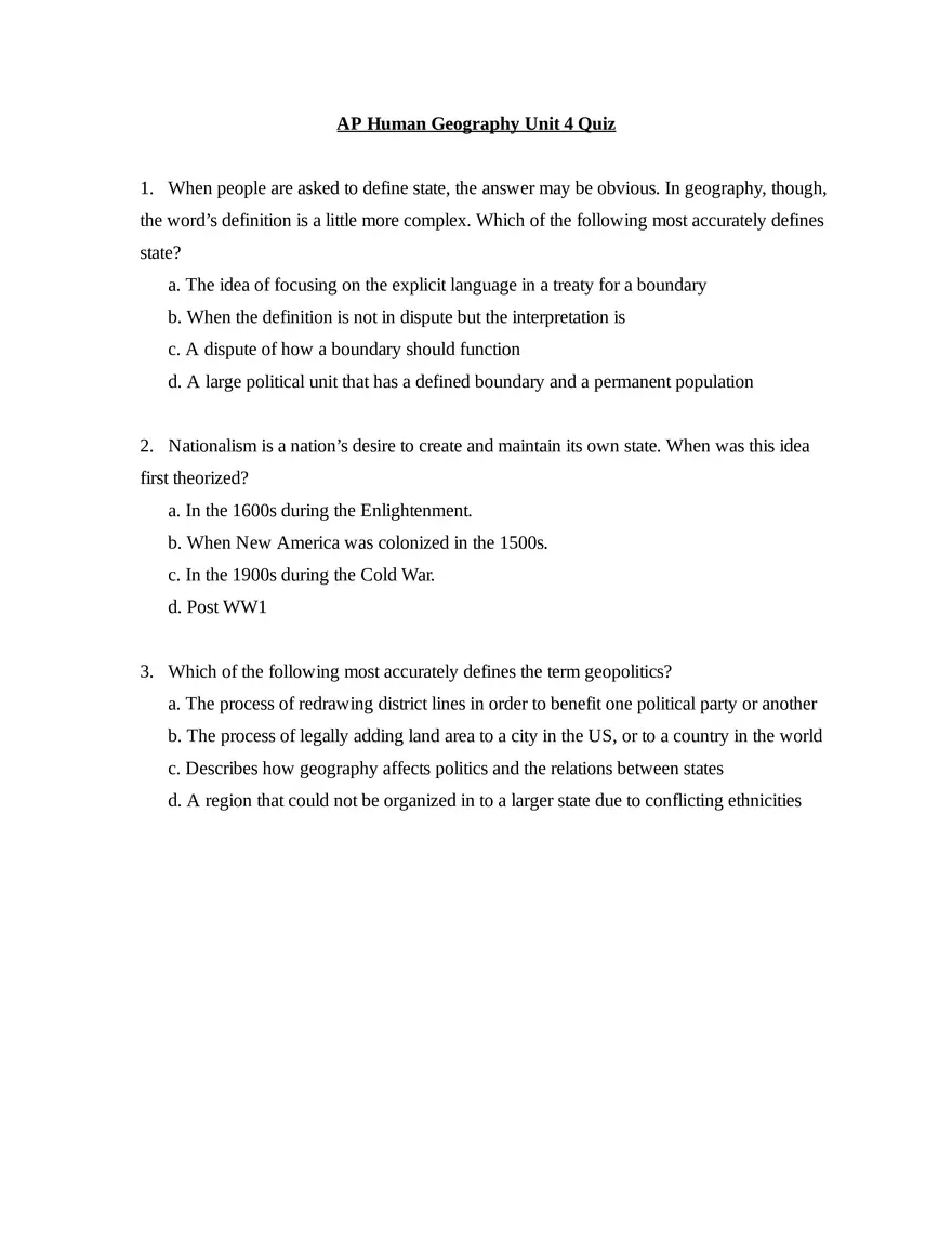 AP Human Geography Unit 4 Quiz - Page 1