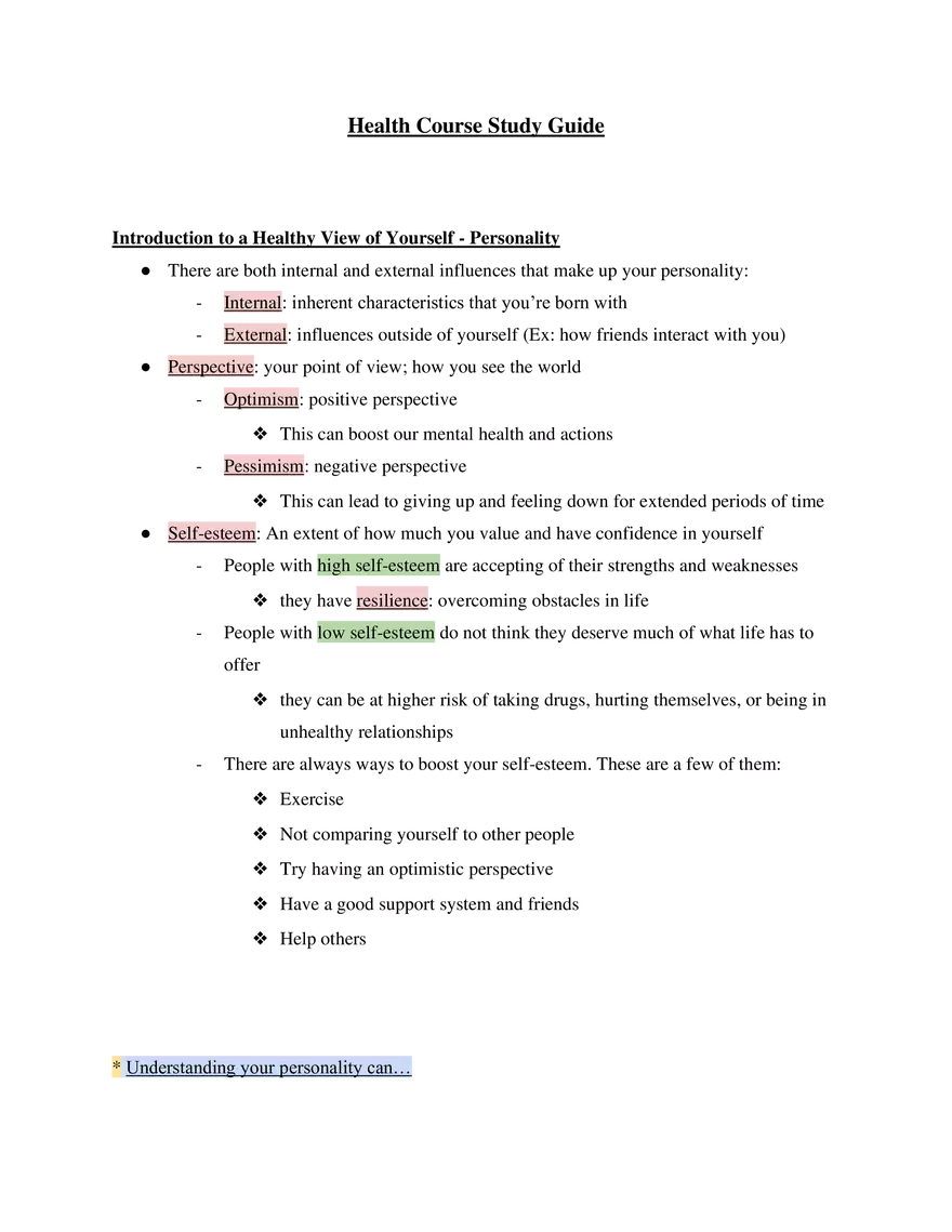 Health Course Study Guide - Page 1