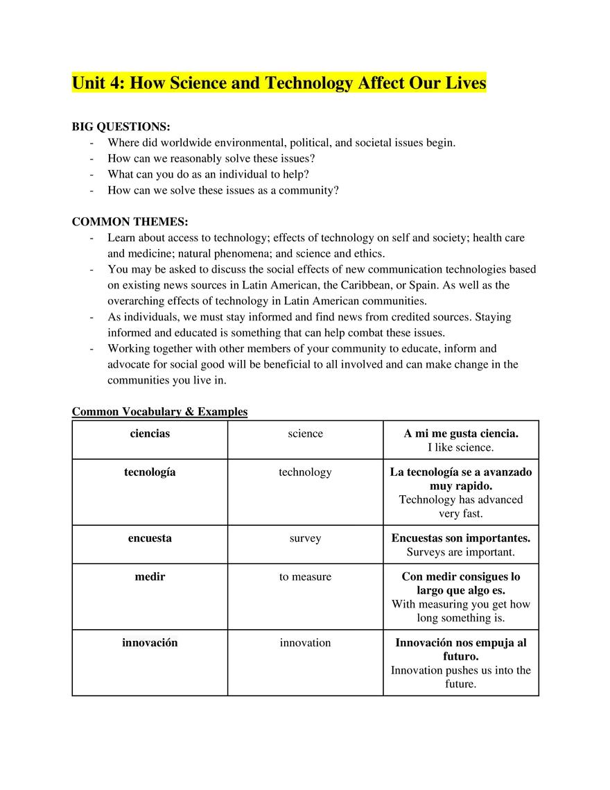 AP Spanish Language Unit 4 How Science and Technology Affect Our Lives - Page 1