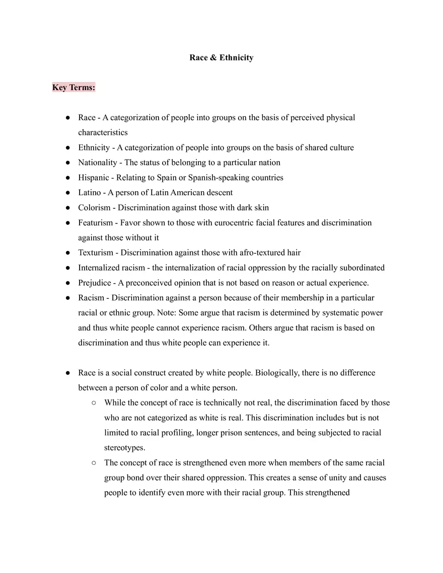 Sociology Study Guide Unit 1 Race & Ethnicity - Page 1