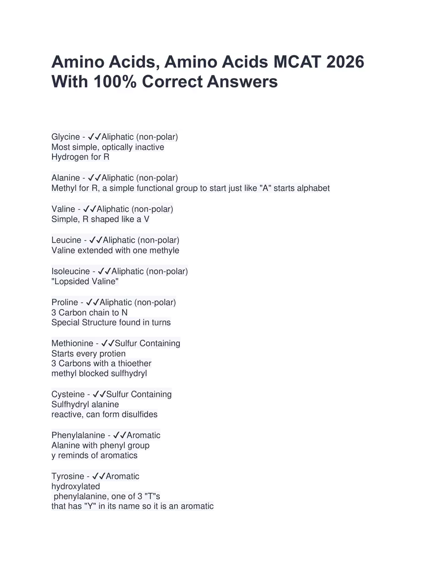 Amino Acids,Amino Acid MCAT 2026 With 100% Correct Answers - Page 1