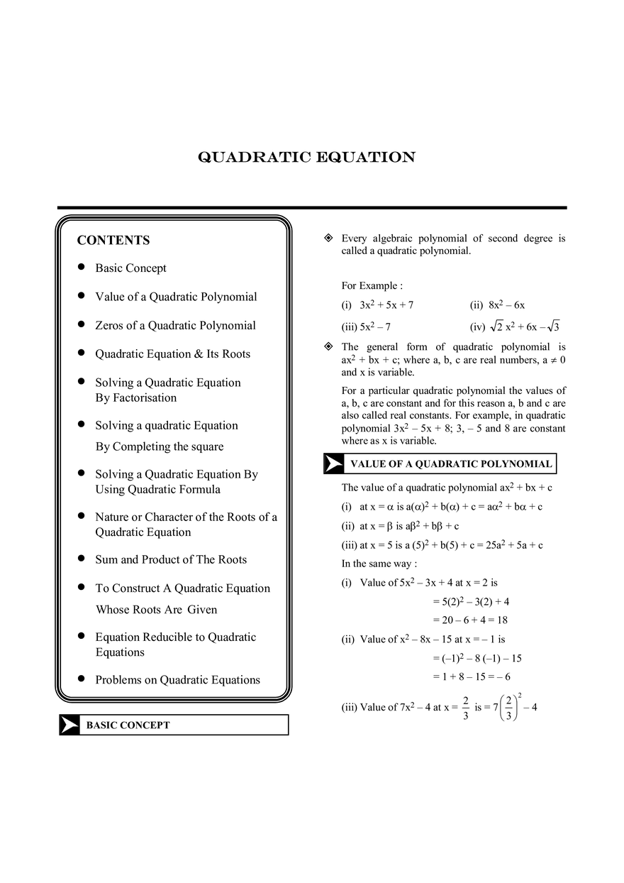 Quadratic Equation Notes - Page 1