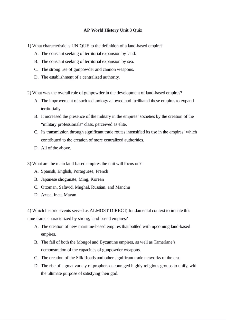 AP World History Unit 3 Quiz - Page 1