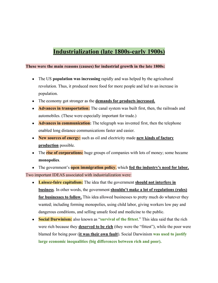 United States History Industrialization (Late 1800s-Early 1900s) - Page 1