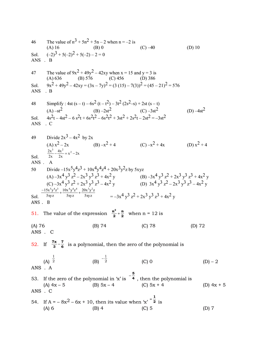 Algebraic Expressions Answer Key - Page 9