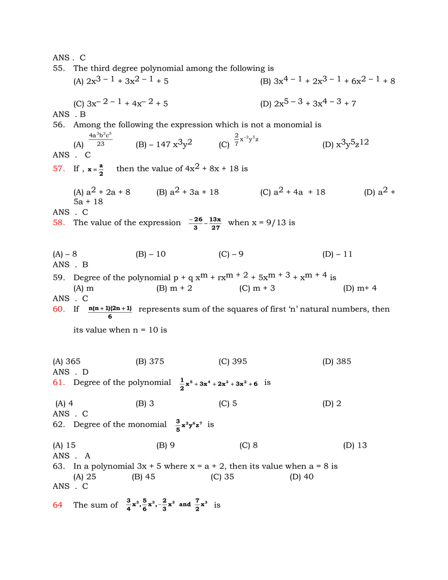 Algebraic Expressions Answer Key - Page 10
