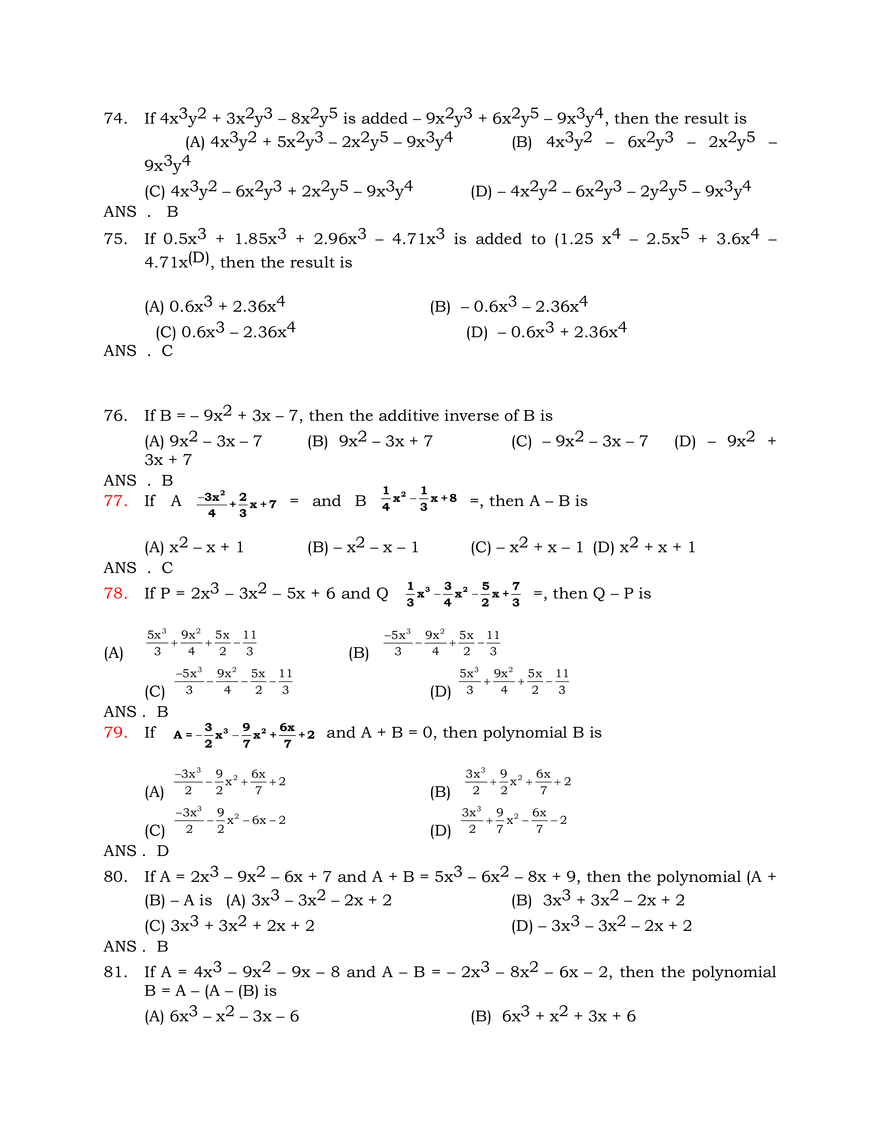 Algebraic Expressions Answer Key - Page 12