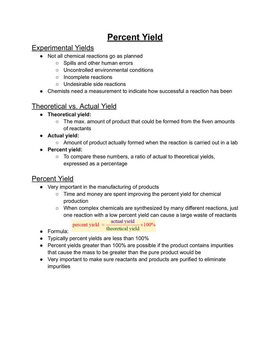 Percent Yield Notes Chemistry - Page 1