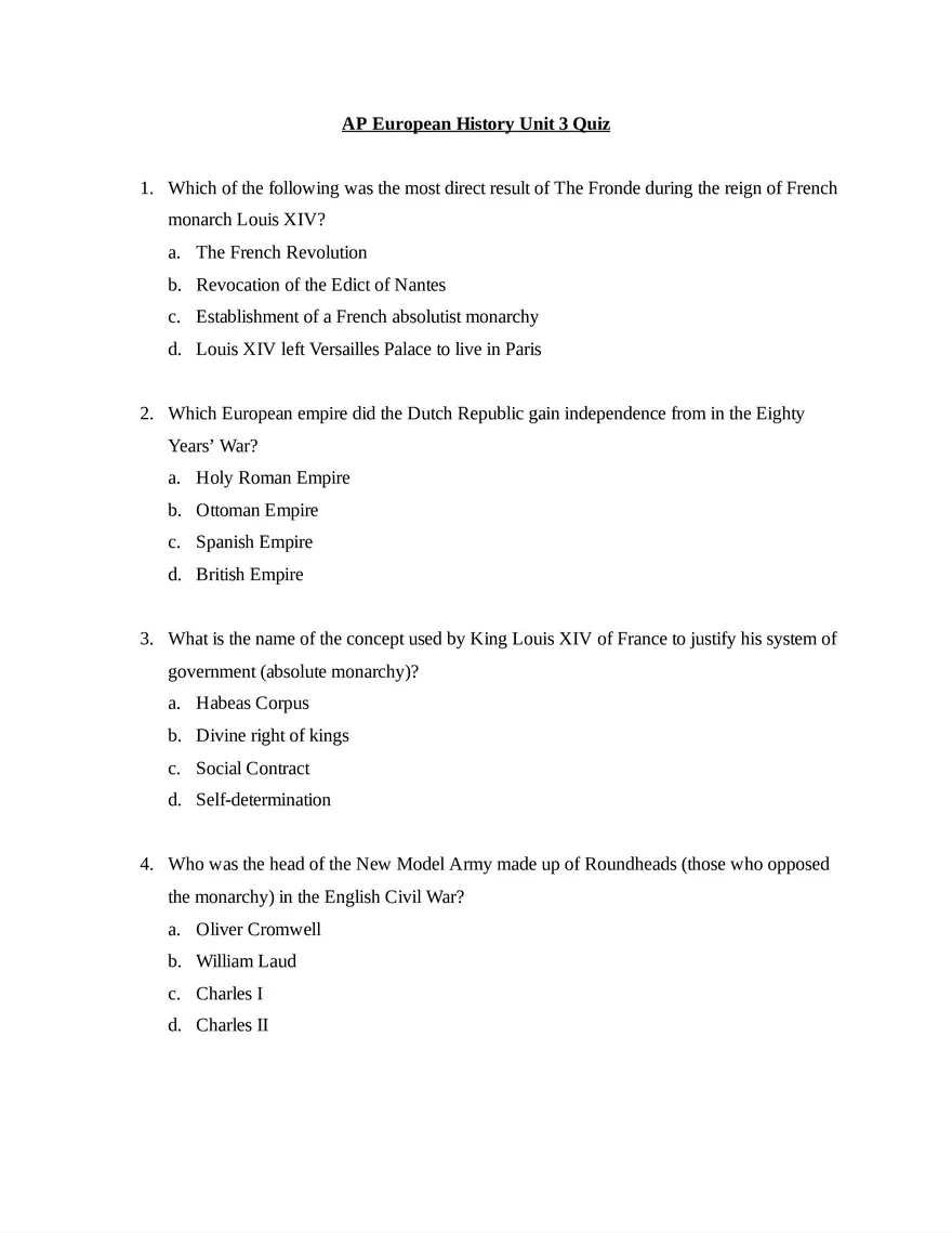 AP European History Unit 3 Quiz - Page 1