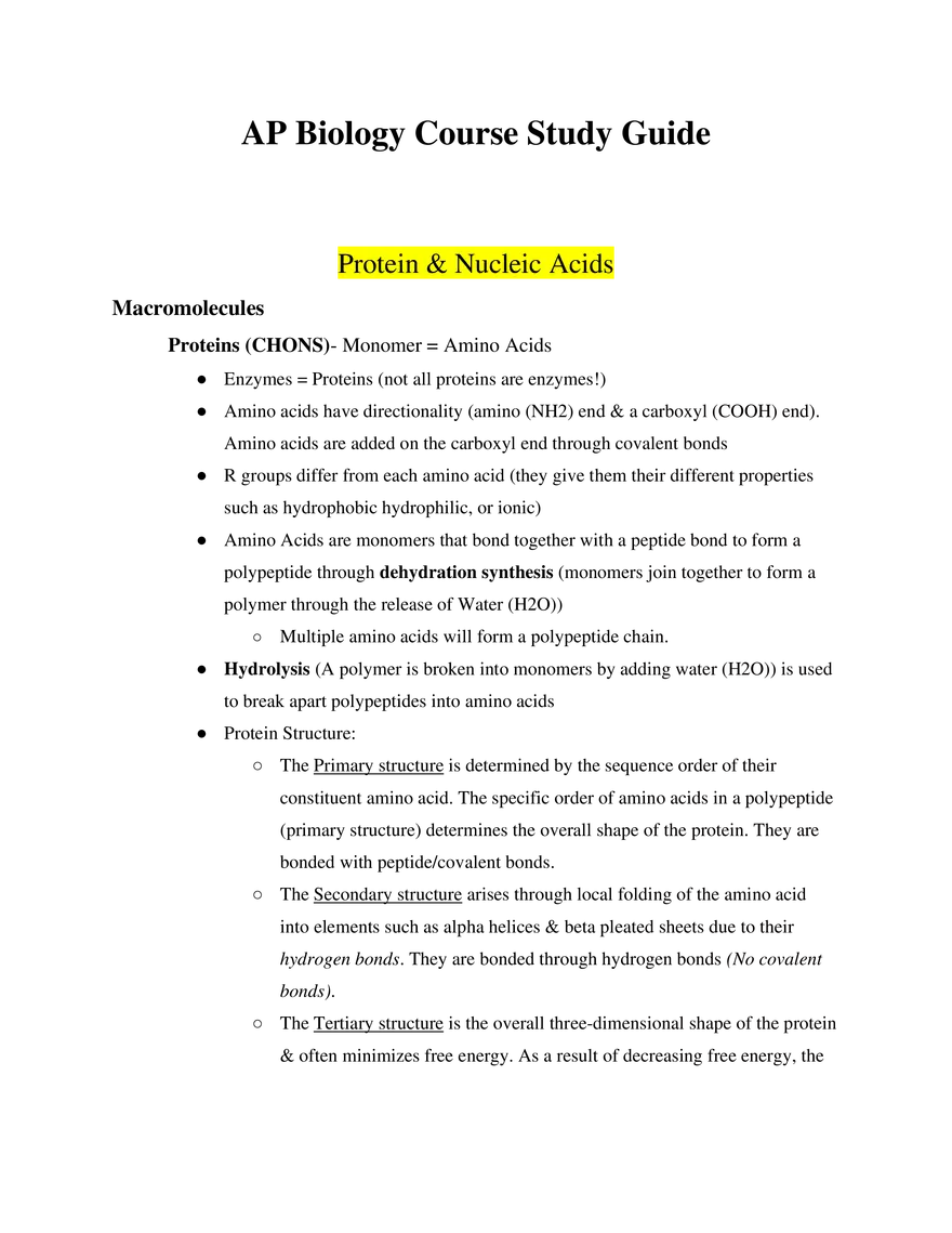 AP Biology Protein & Nucleic Acids - Page 1