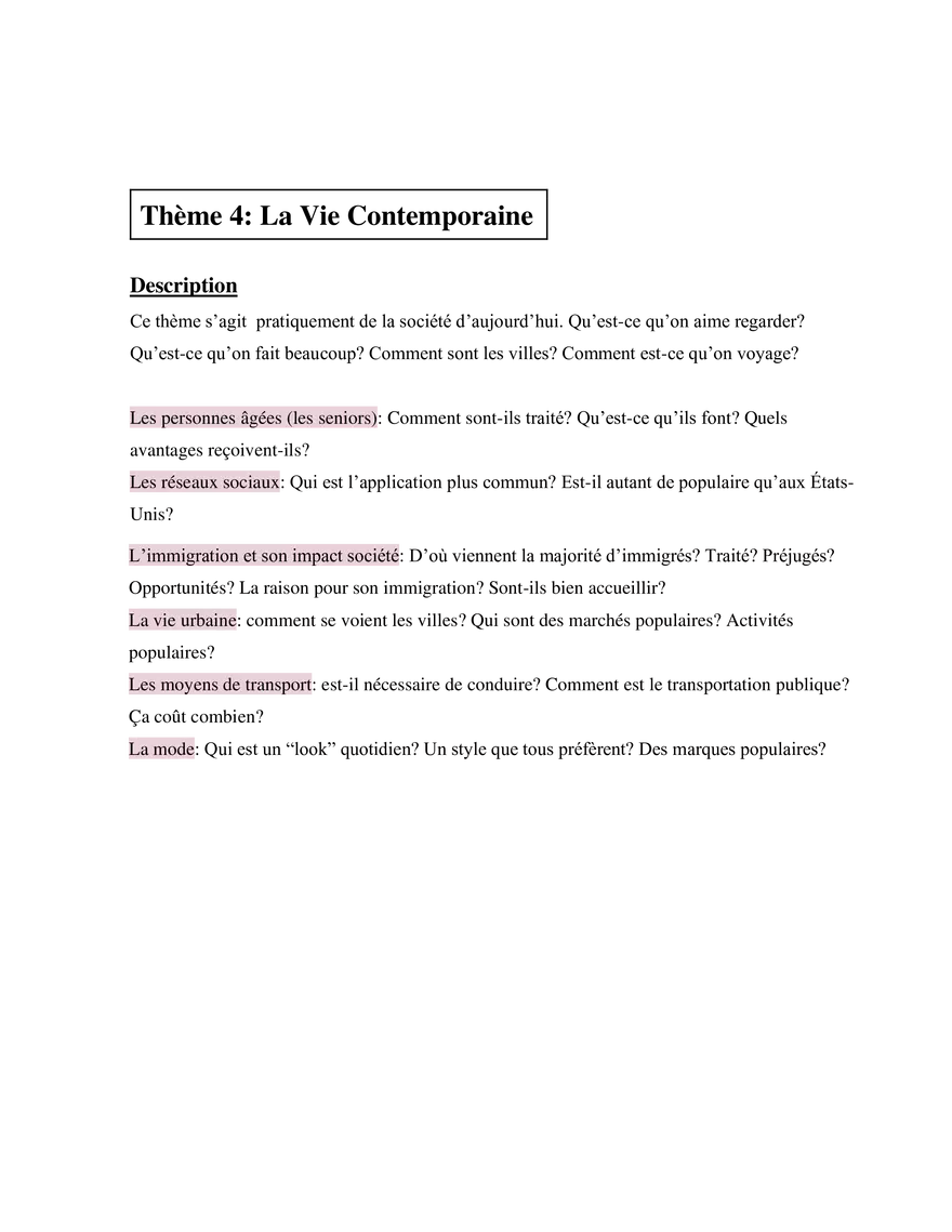 AP French Study Guide Thème 4 La Vie Contemporaine - Page 1