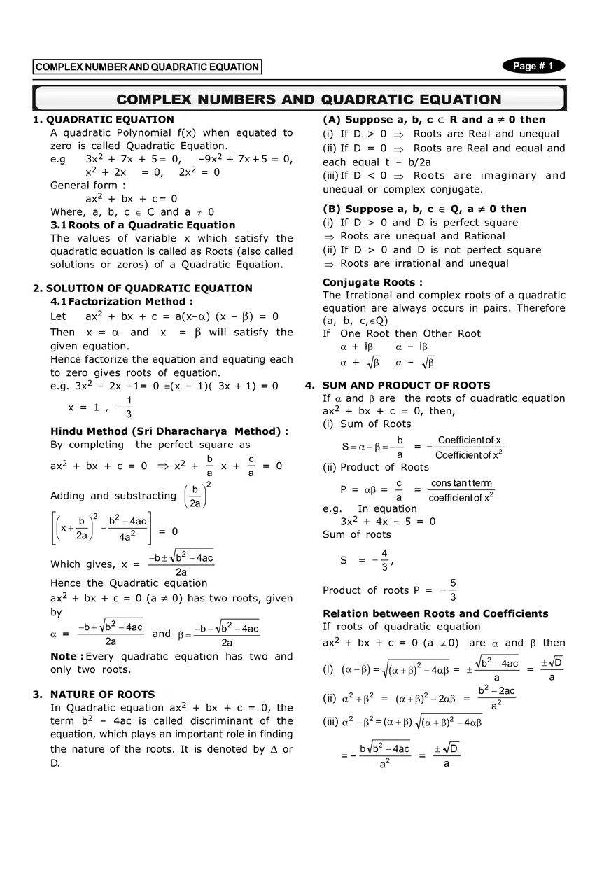 Complex Number and Quadratic Equation Notes - Page 1