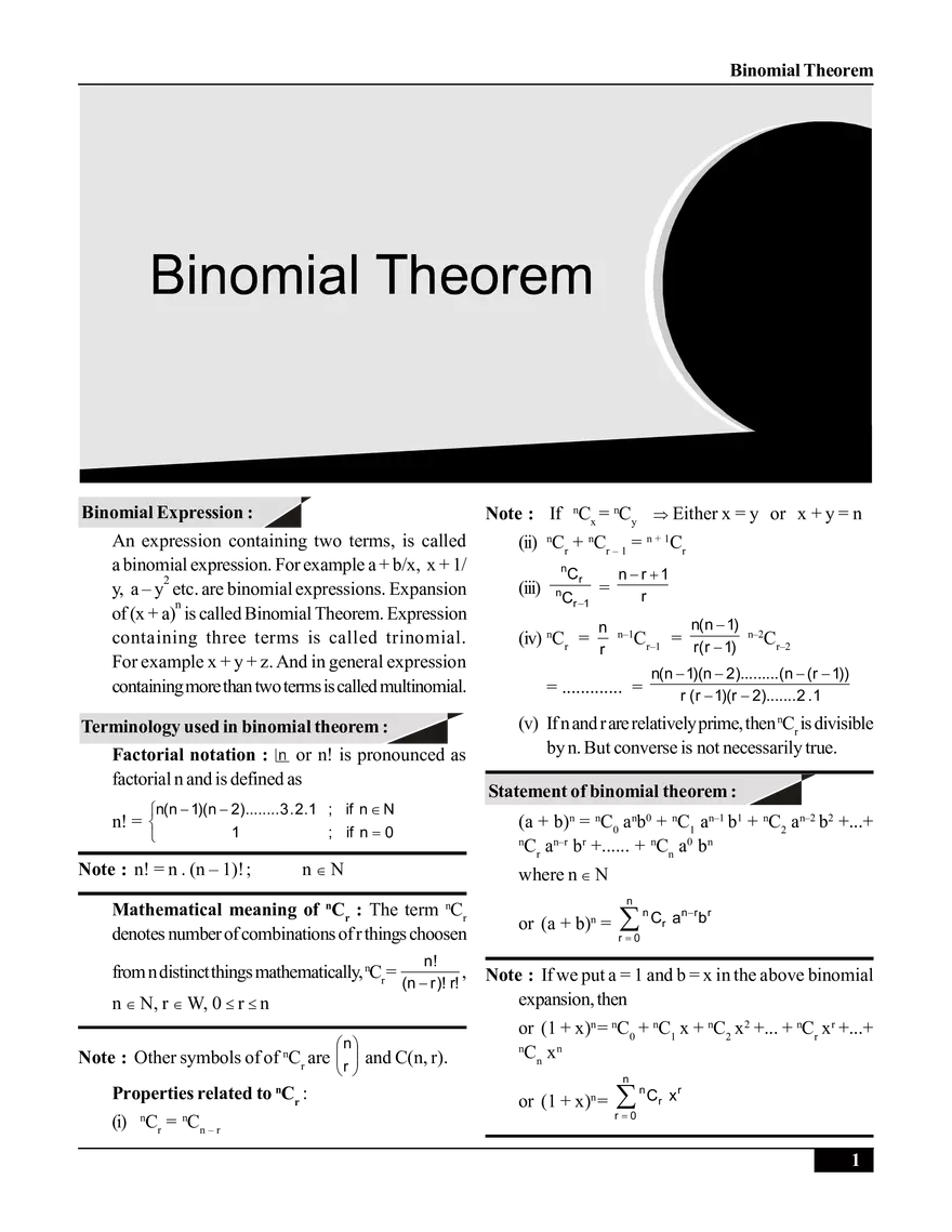 Binomial Theorem Notes - Page 1