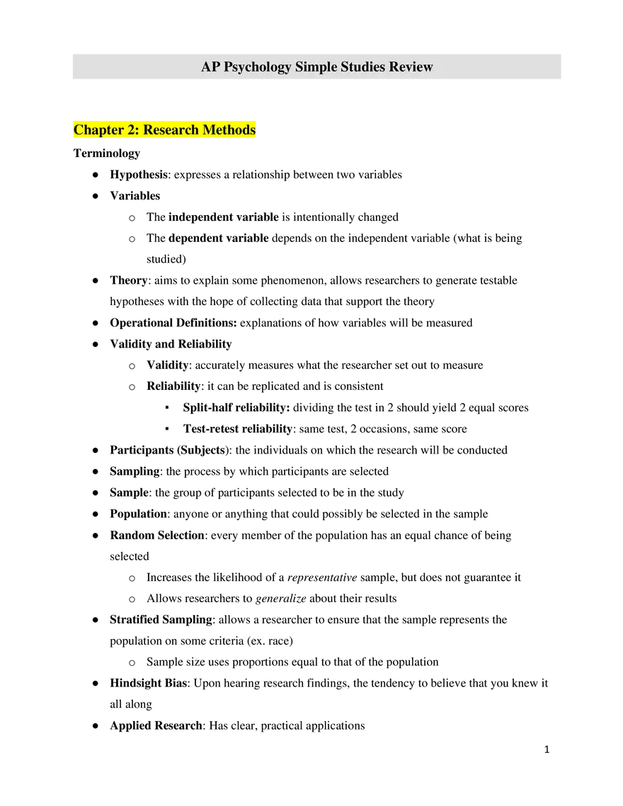AP Psychology Chapter 2 Research Methods - Page 1