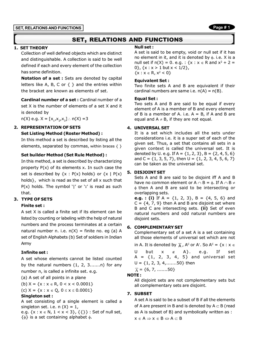 Set, Relations and Functions Notes - Page 1