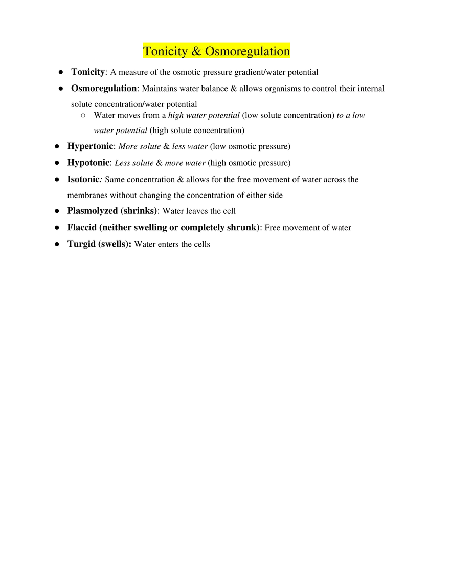 AP Biology Tonicity & Osmoregulation - Page 1