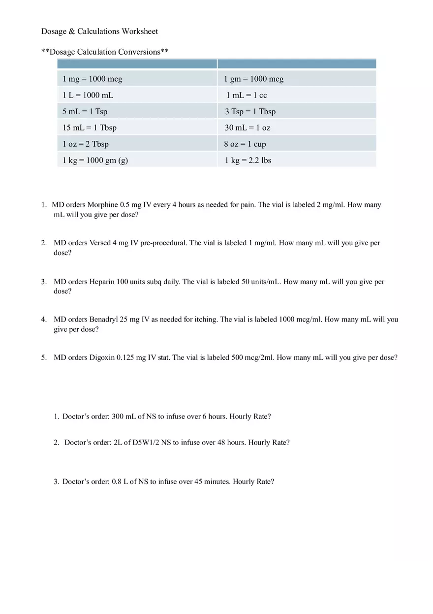 Dosage & Calculations Worksheet - Page 1