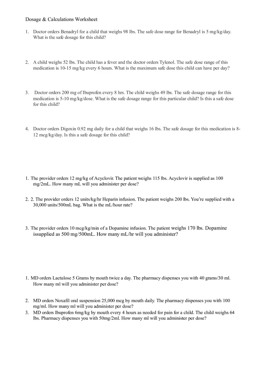 Dosage & Calculations Worksheet - Page 2