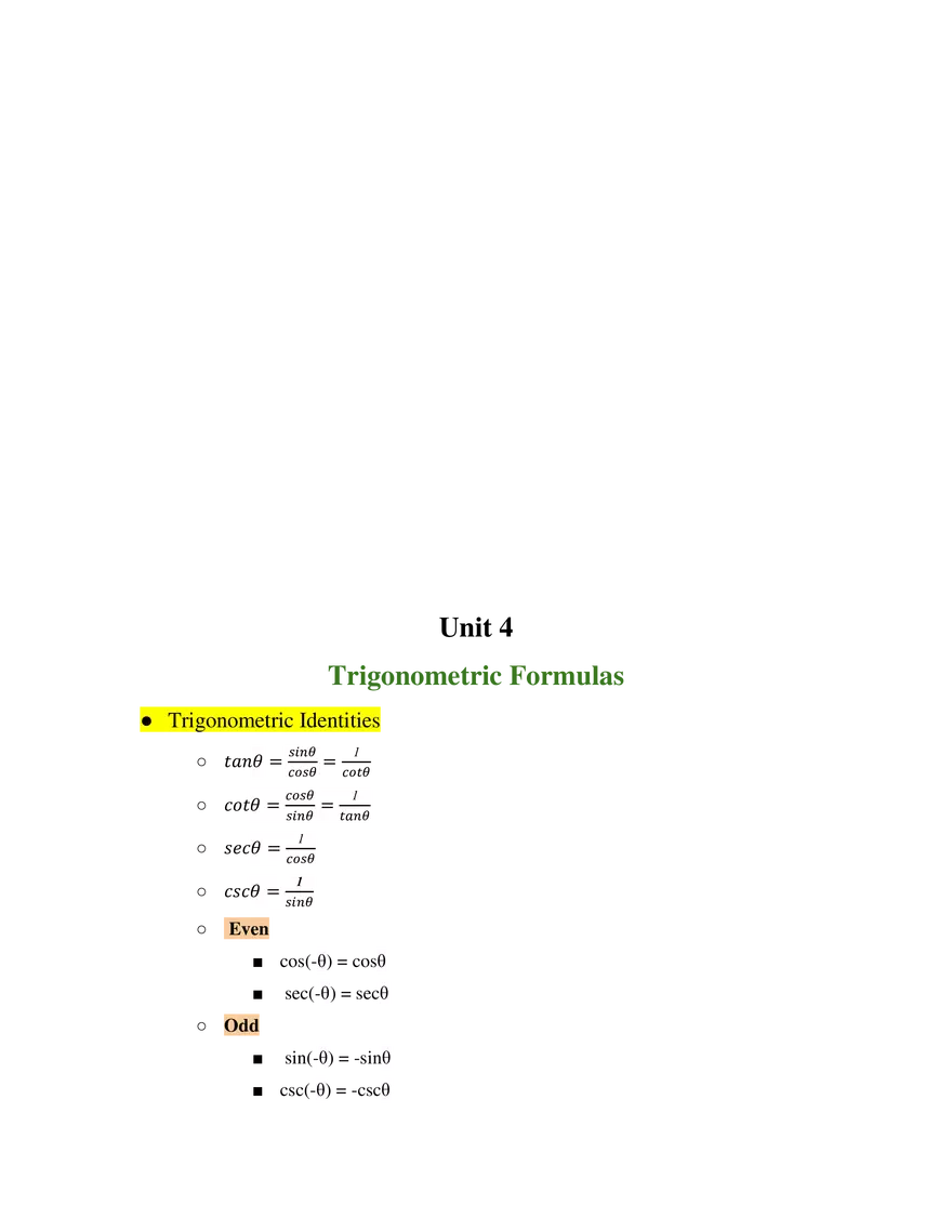 Unit 4 Trigonometric Formulas - Page 1