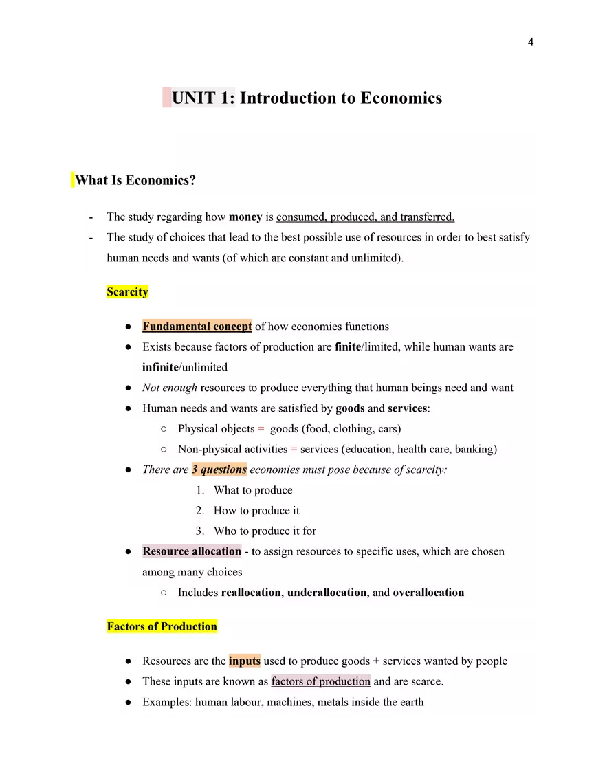 Economics Unit 1 Introduction to Economics - Page 1