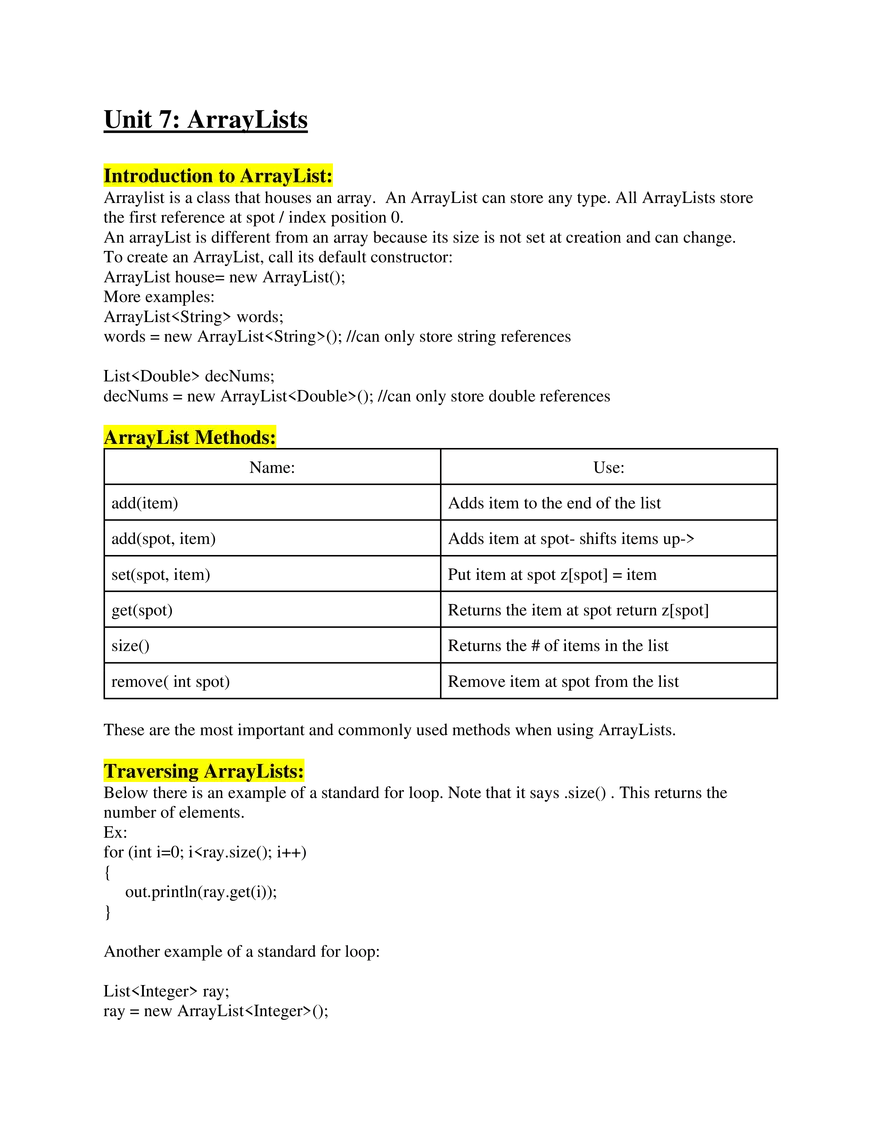 AP Computer Science A   Unit 7 ArrayLists - Page 1