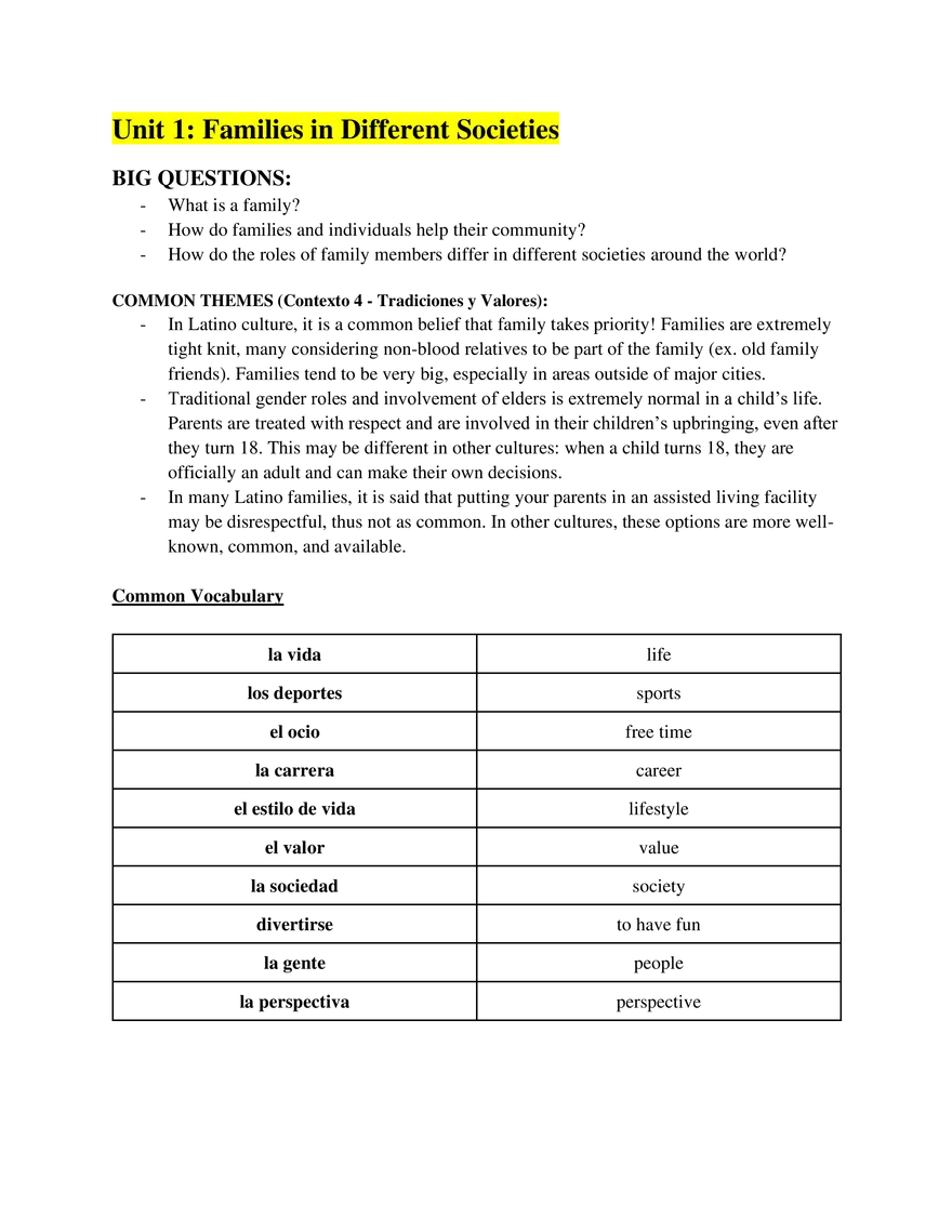 AP Spanish Language Unit 1 Families in Different Societies - Page 1