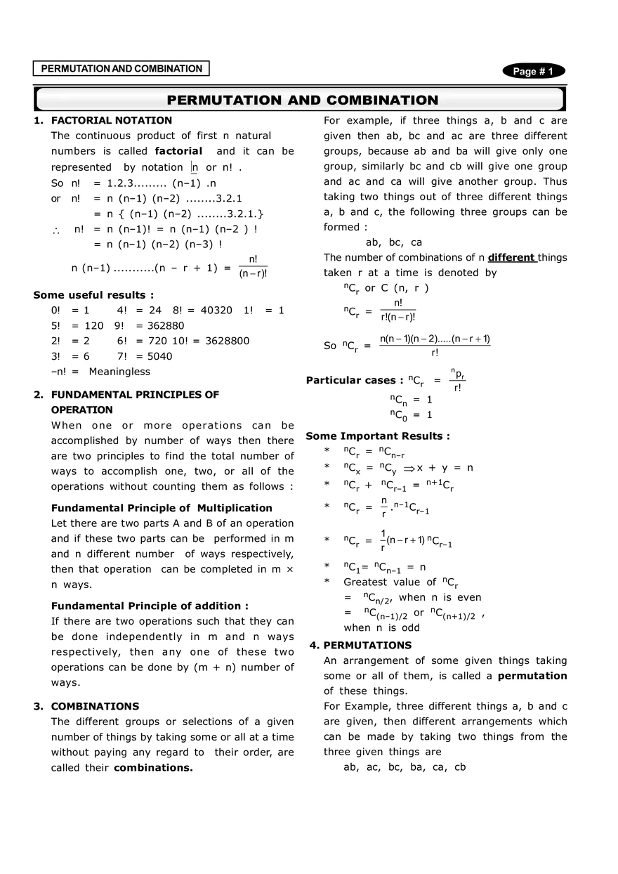 Permutations and Combinations Notes - Page 1