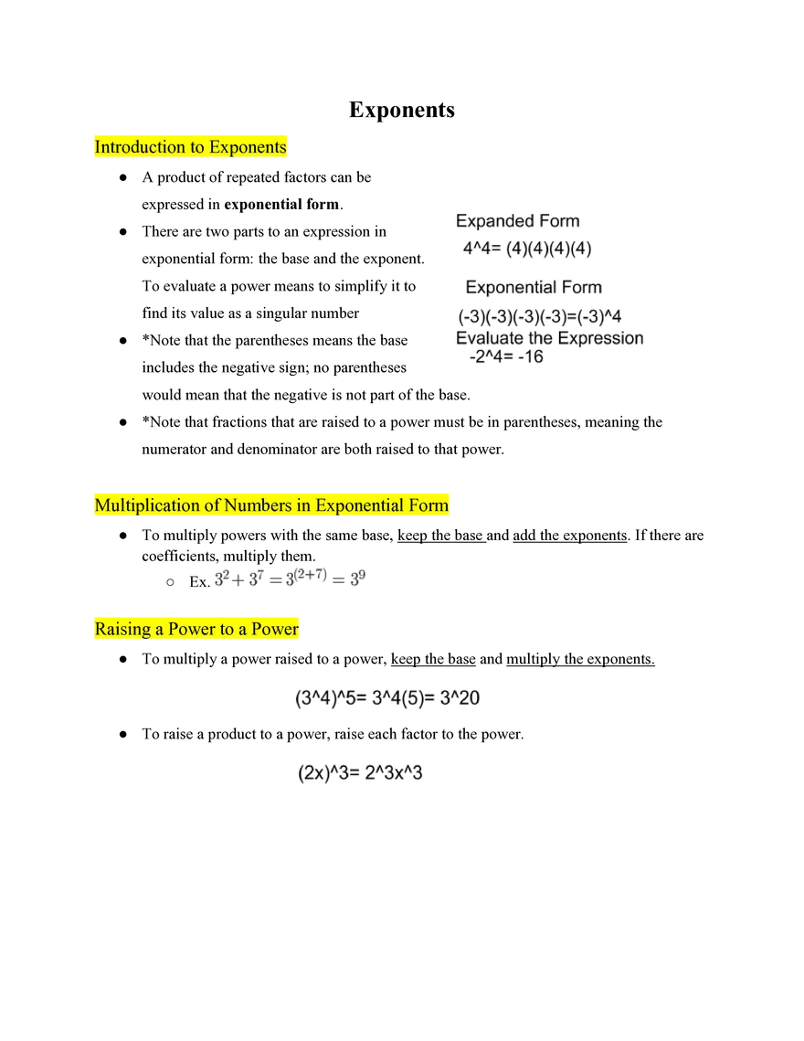Pre Algebra Exponents - Page 1