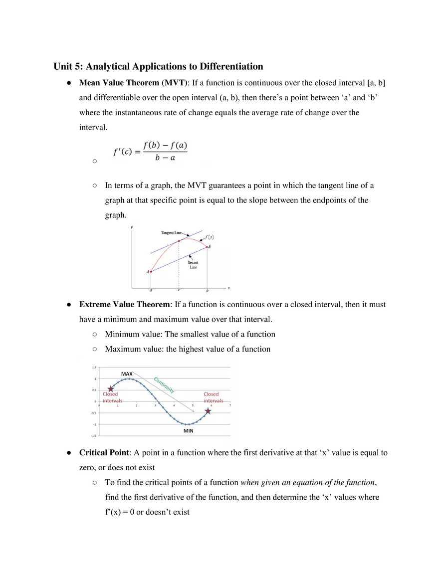 AP Calculus BC Unit 5 Analytical Applications to Differentiation - Page 1