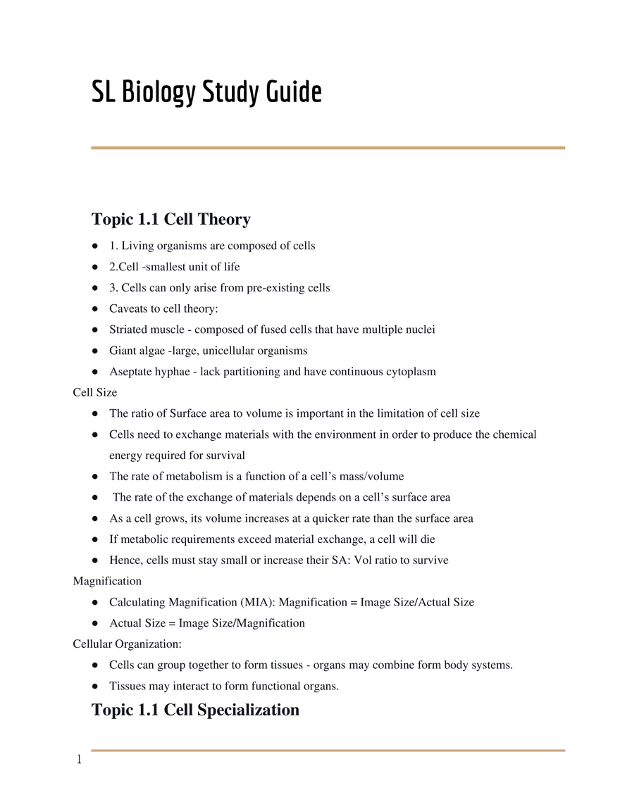 SL Biology Study Guide - Page 1