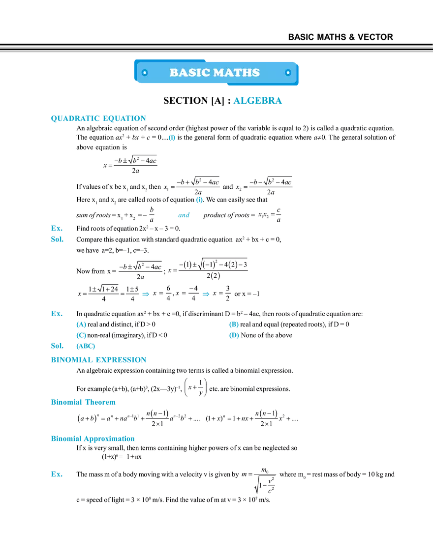 Basic Maths Section [A] Algebra - Page 1