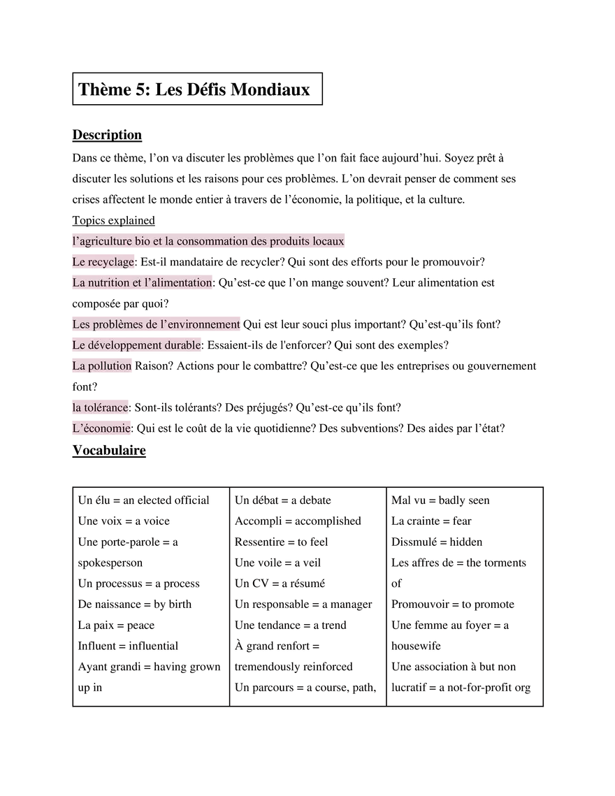 AP French Study Guide Thème 5 Les Défis Mondiaux - Page 1