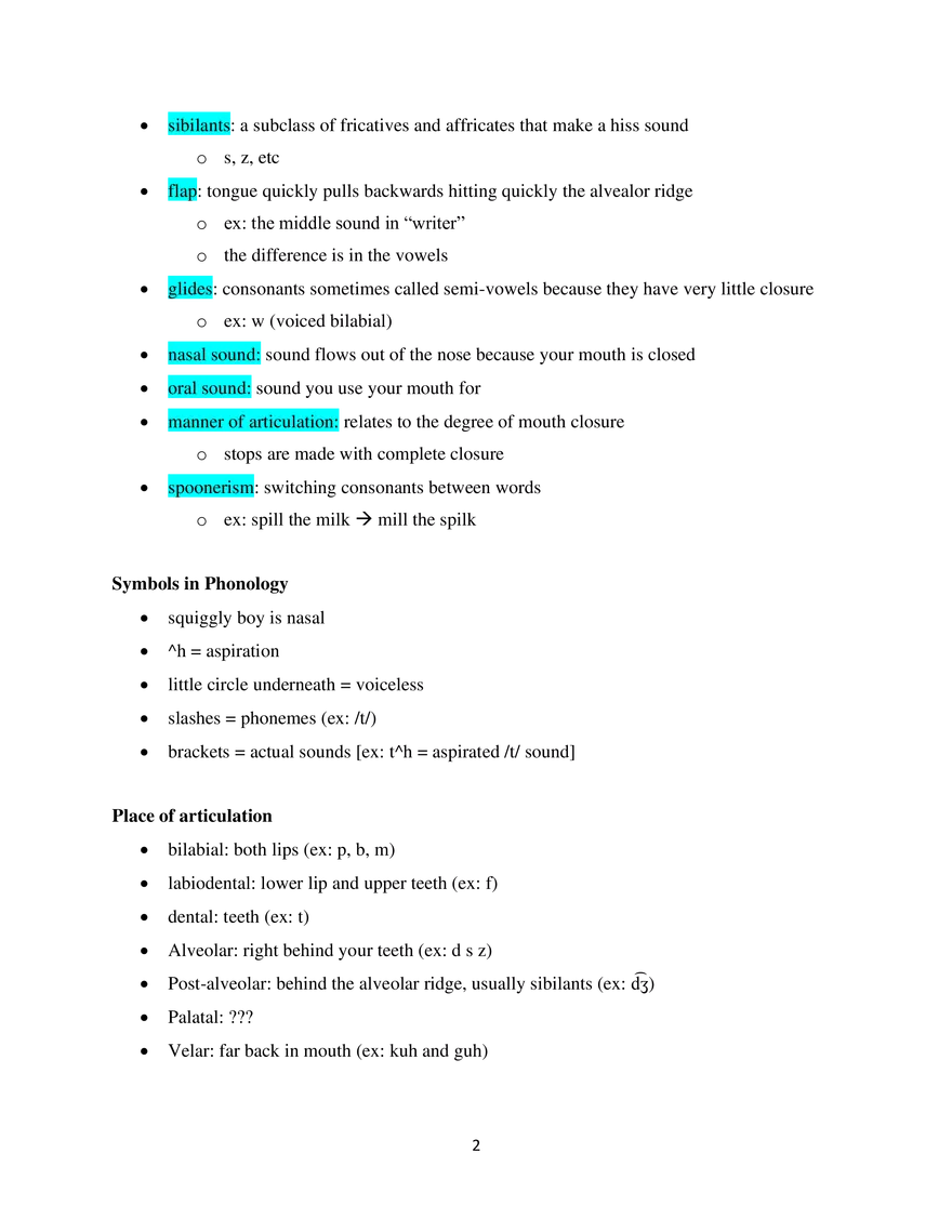 Linguistics Study Guide Phonology and Phonetics - Page 2