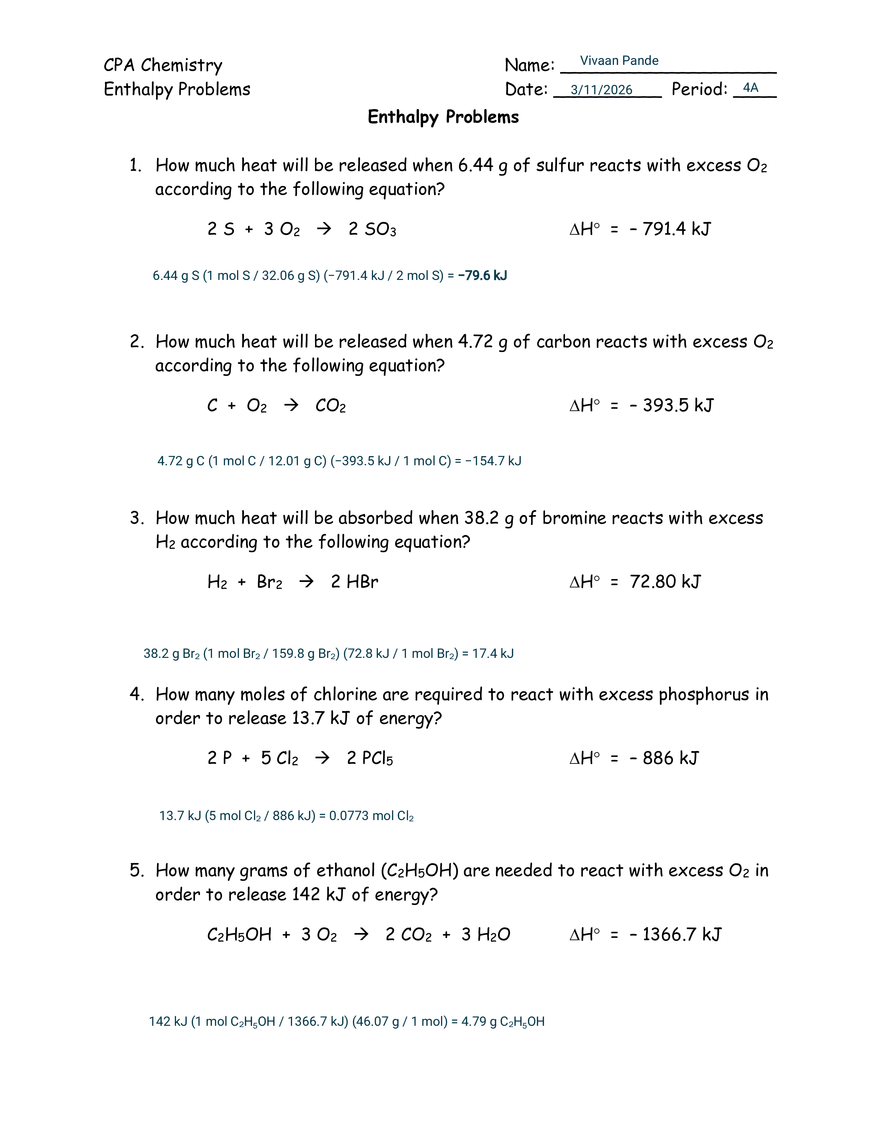 CPA Chemistry Enthalpy Problems - Page 1