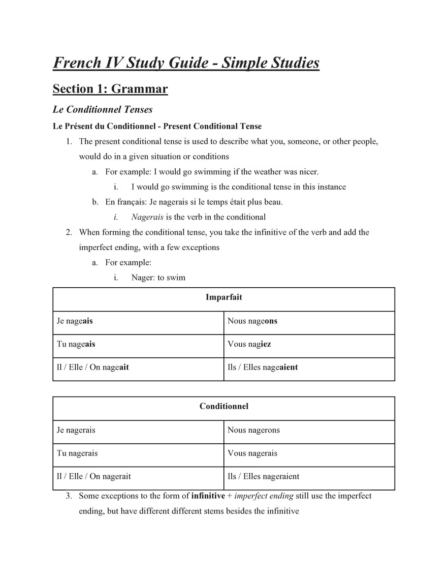 French IV Study Guide Section 1 Grammar - Page 1