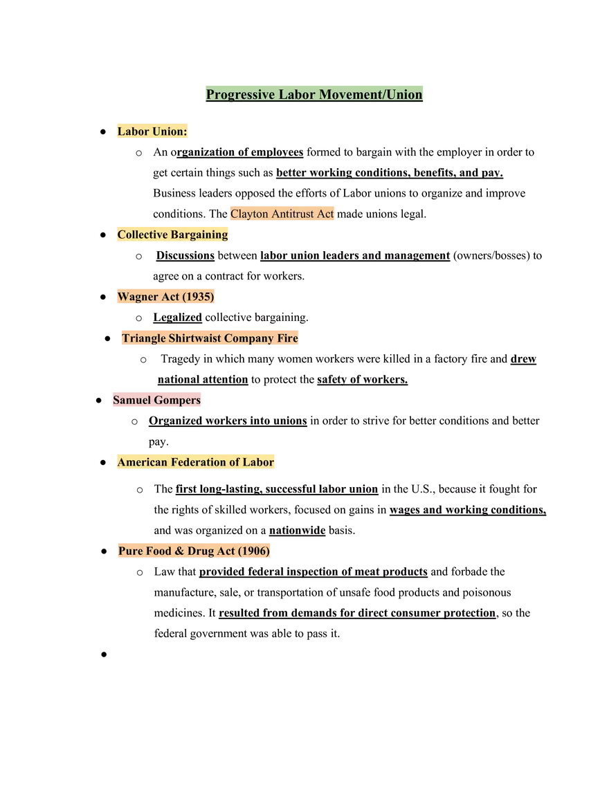 United States History Progressive Labor Movement-Union - Page 1
