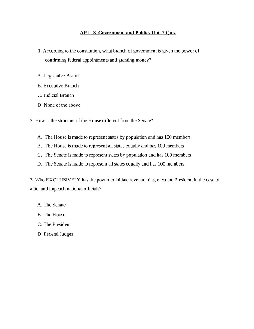AP U.S. Government and Politics Unit 2 Quiz - Page 1