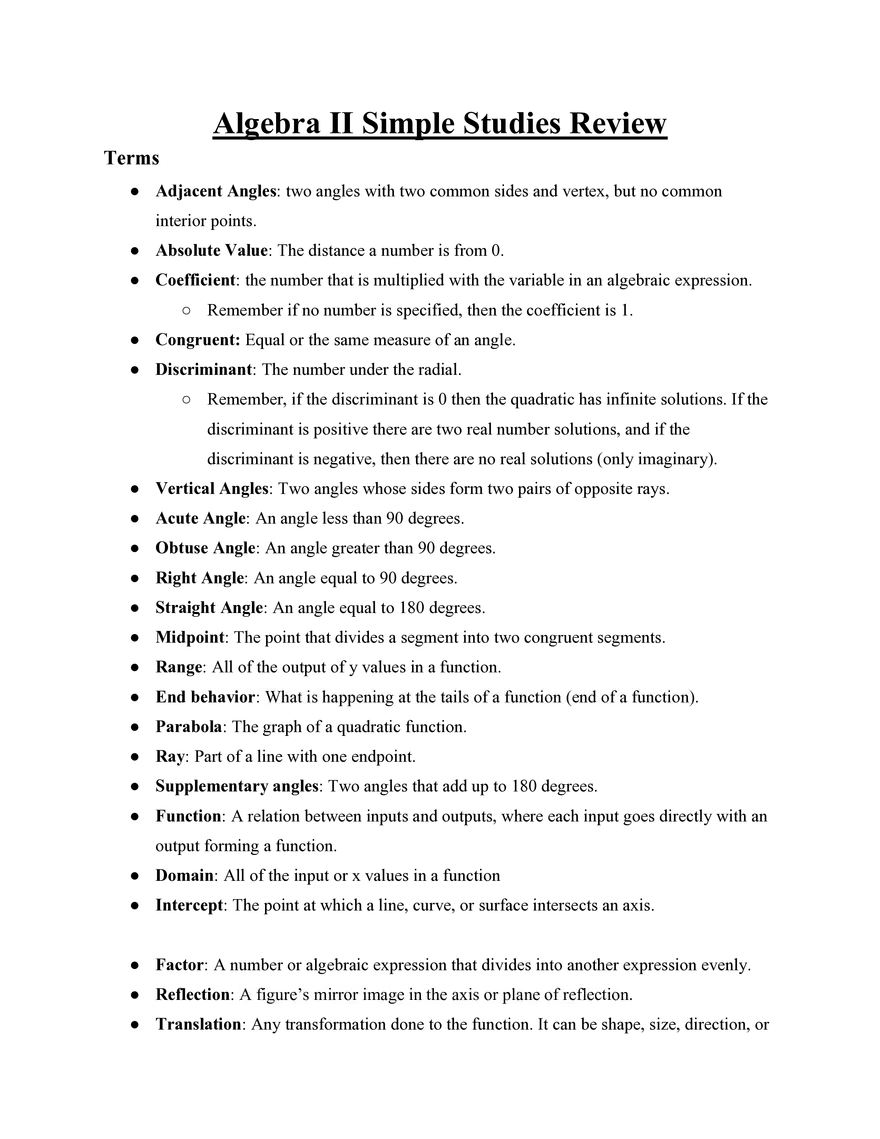 Algebra II Simple Studies Review - Page 1