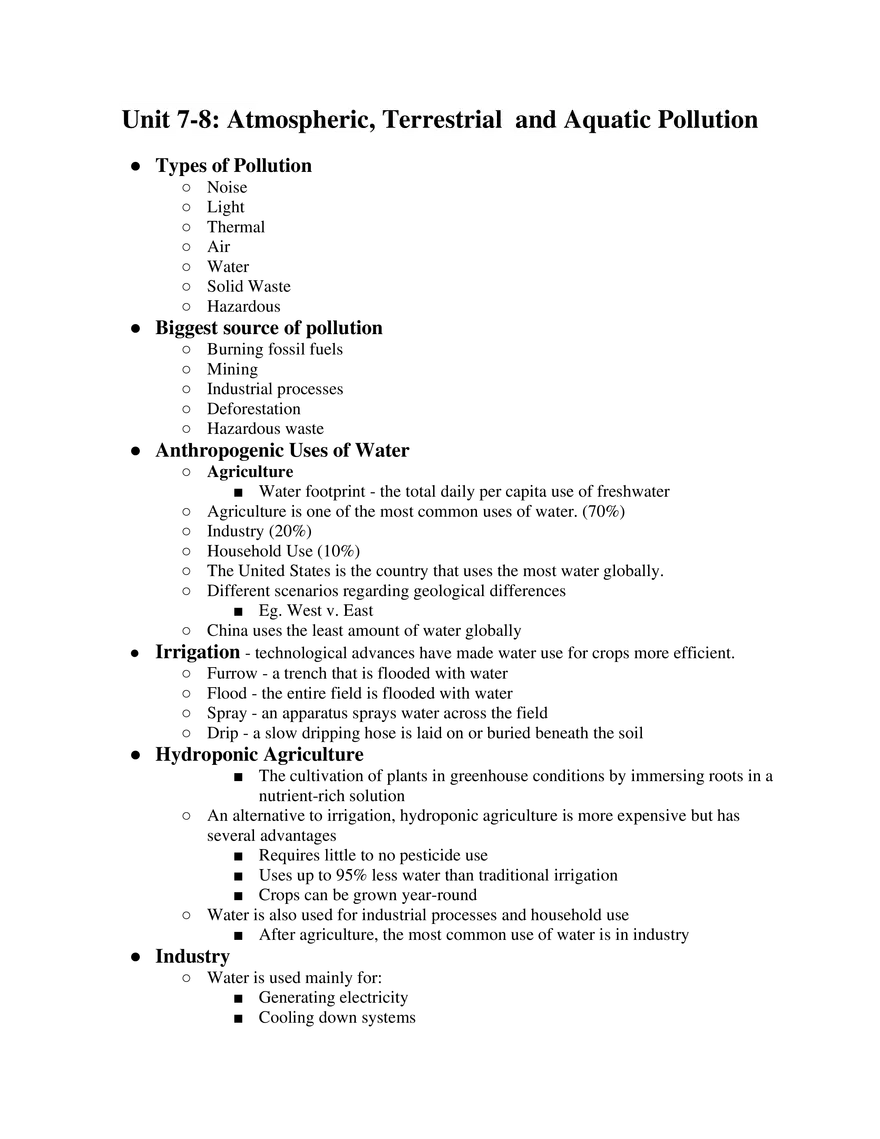 AP Environmental Science Unit 7-8 Atmospheric, Terrestrial  and Aquatic Pollution - Page 1