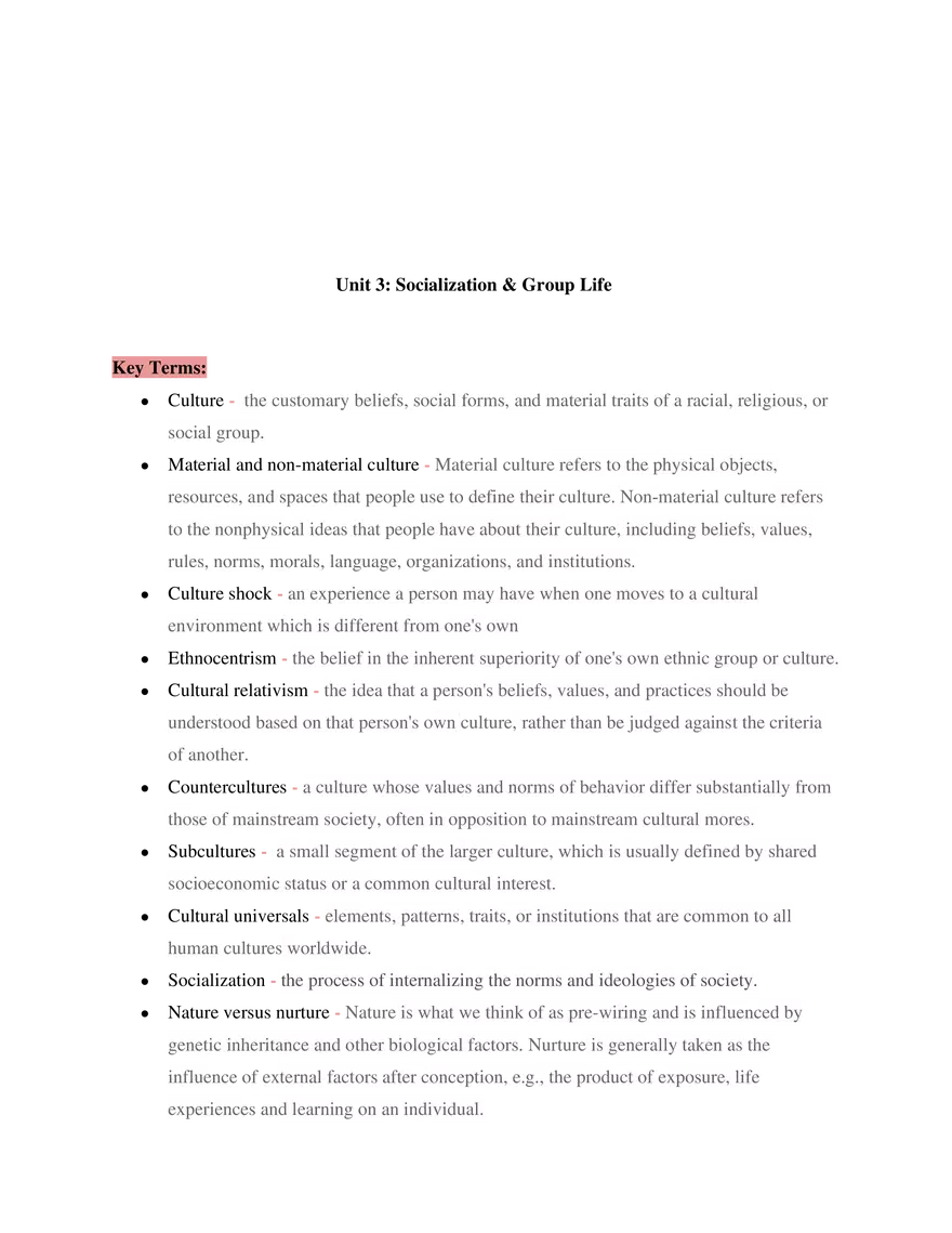 Sociology Unit 3 Socialization & Group Life - Page 1