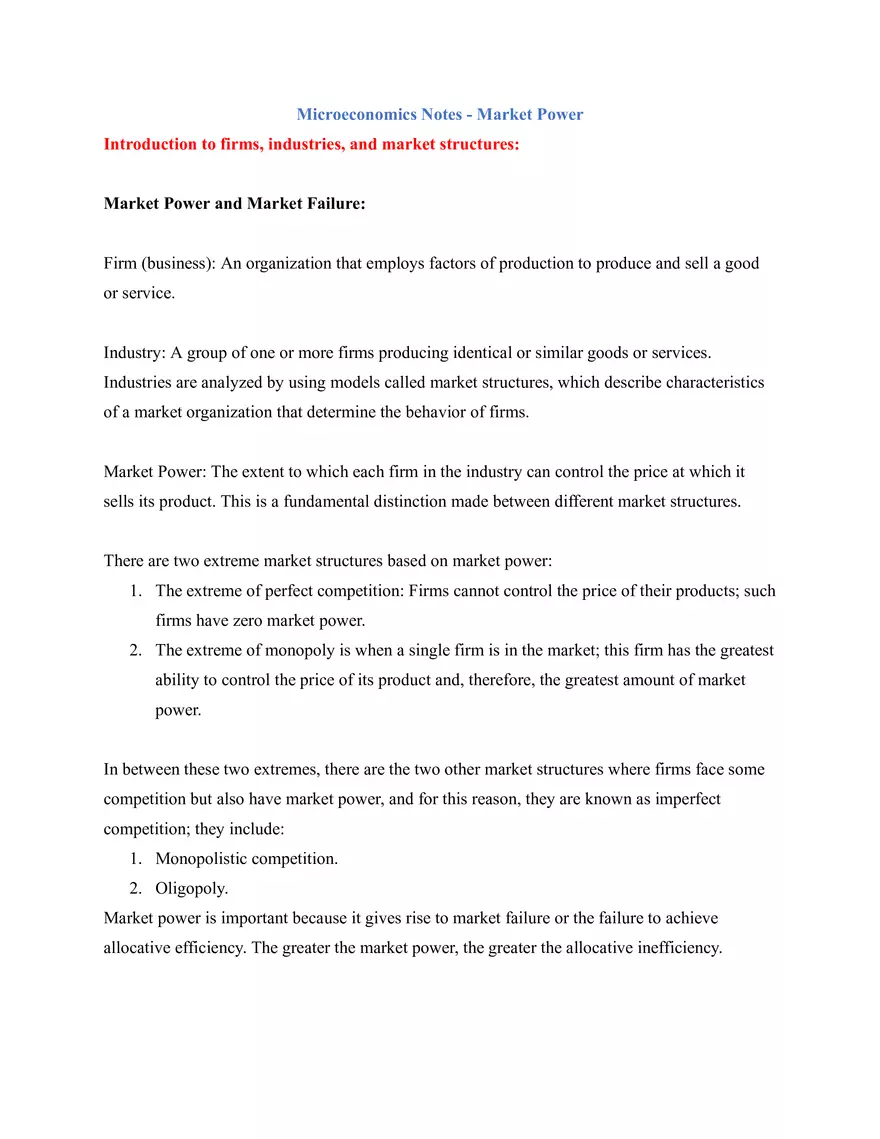 Microeconomics Notes Introduction to Firms, Industries, and Market Structures - Page 1