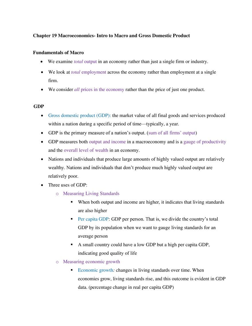 Chapter 19 Macroeconomics- Intro to Macro and Gross Domestic Product - Page 1
