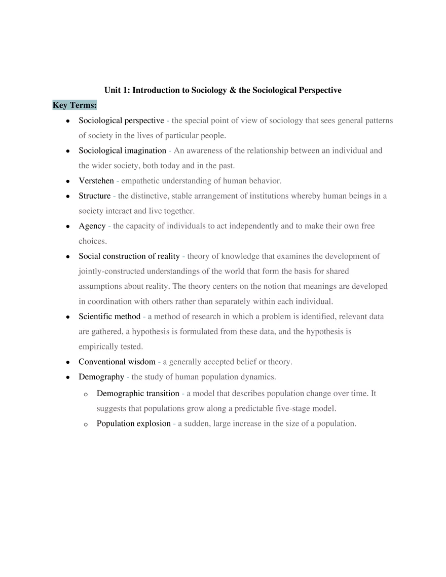 Sociology Unit 1 Introduction to Sociology & the Sociological Perspective - Page 1