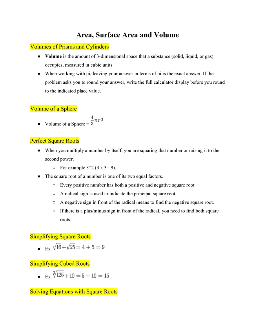 Pre Algebra Area, Surface Area and Volume - Page 1