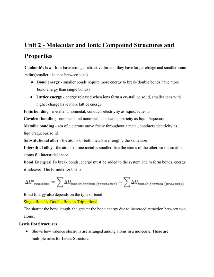 AP Chemistry Unit 2 - Molecular and Ionic Compound Structures and Properties - Page 1