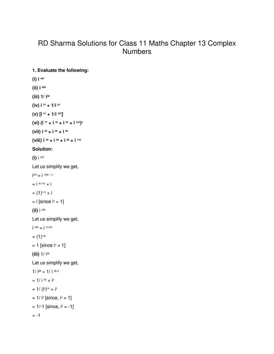 RD Sharma Solutions for Class 11 Maths Chapter 13 Complex - Page 1