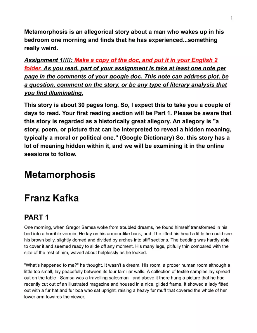 Text: Metamorphosis by Franz Kafka - Page 1