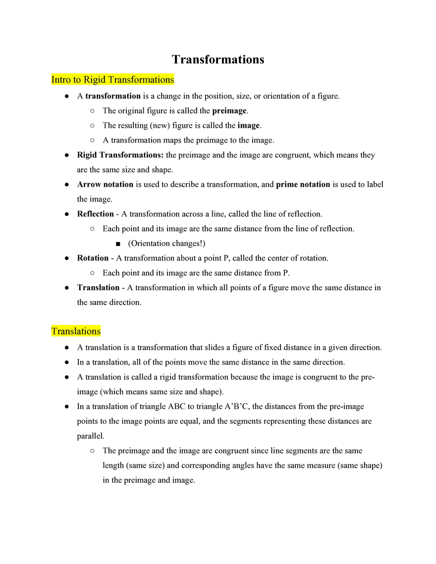 Pre Algebra Transformations - Page 1