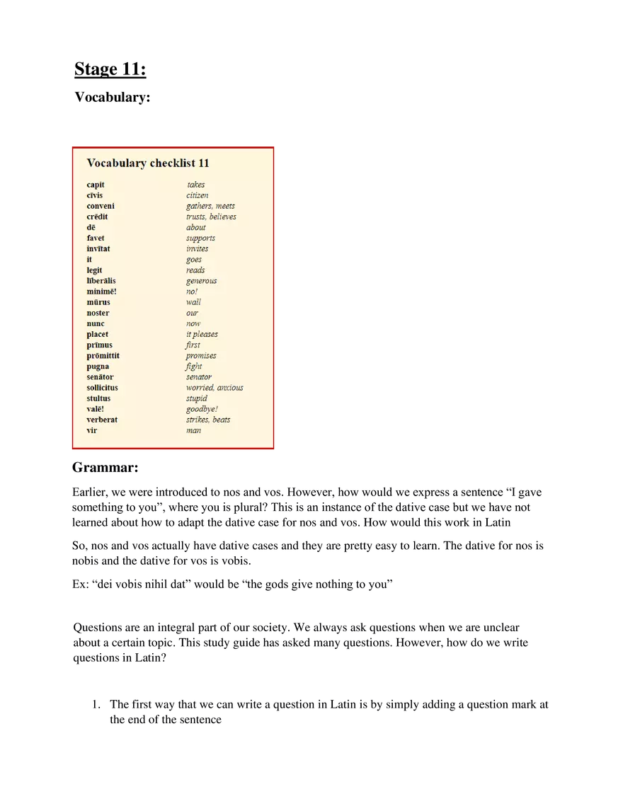 Latin Study Guide Stage 11 - Page 1